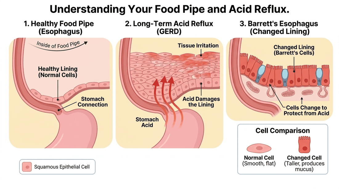 Barrett&rsquo;s esophagus: healthy esophagus, long-term acid reflux damage, and the changed Barrett&rsquo;s lining