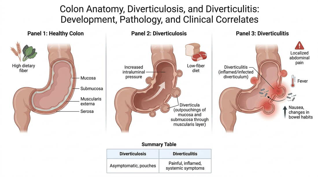 Colon anatomy, diverticulosis, and diverticulitis: healthy colon, pouches forming, and an inflamed pouch