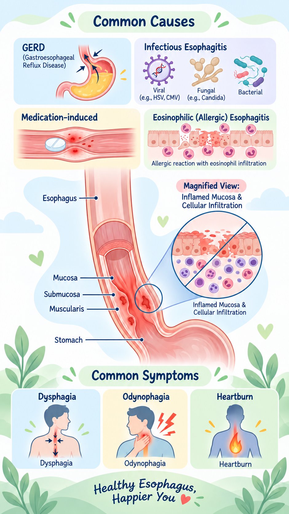 Esophagitis: common causes (reflux, infection, medication, eosinophilic), esophageal anatomy, and common symptoms