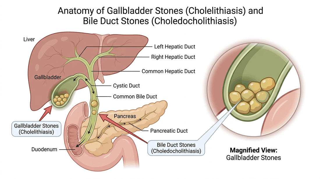 Gallstones (cholelithiasis) in the gallbladder and bile duct stones (choledocholithiasis) in the biliary anatomy