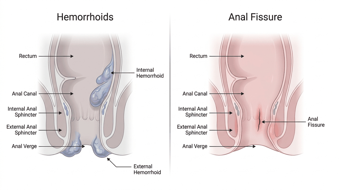 Anal canal anatomy comparing internal and external hemorrhoids (swollen veins) with an anal fissure (a small tear)