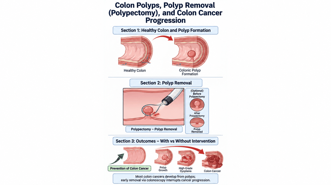 Colon polyps: healthy colon, polyp formation, polyp removal (polypectomy), and how early removal interrupts progression to colon cancer
