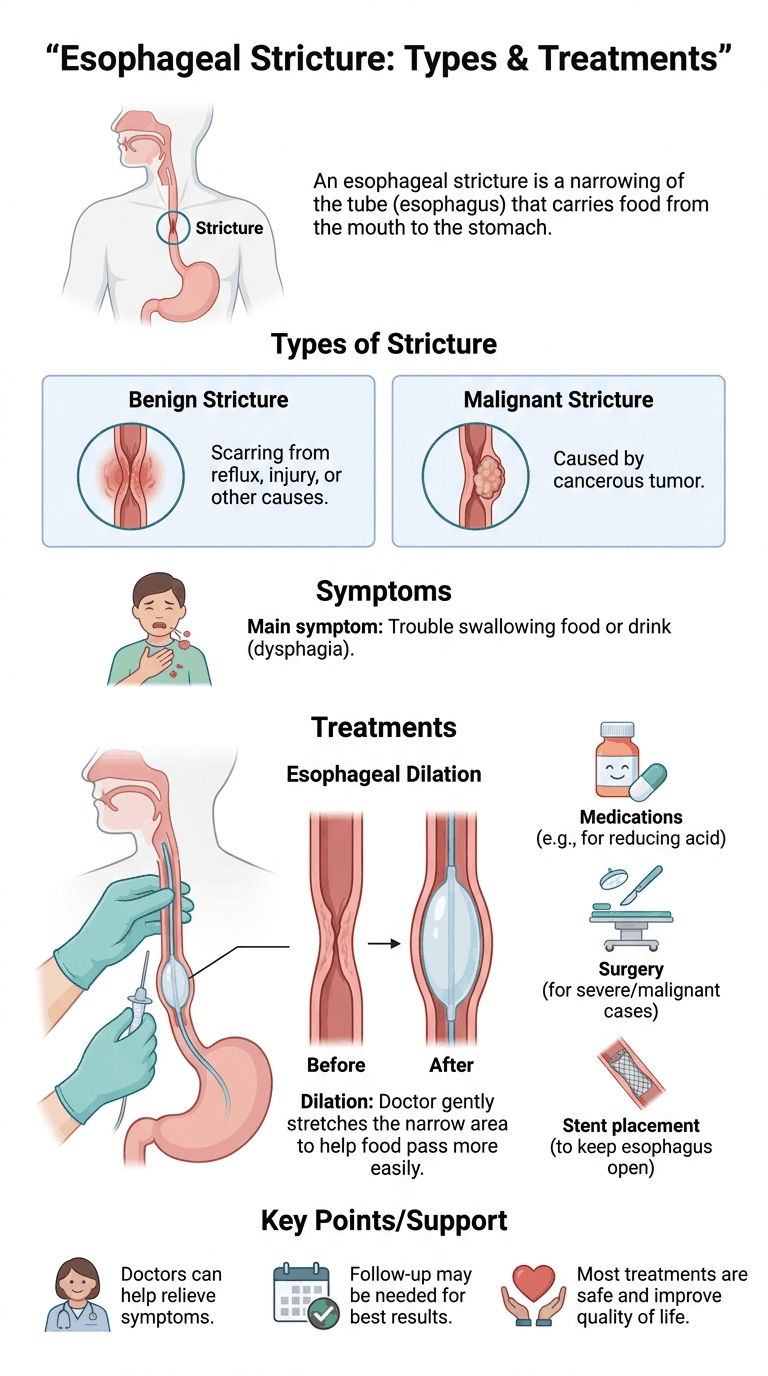 Esophageal stricture: types (benign vs malignant), the main symptom of trouble swallowing, and treatments including dilation, medication, surgery, and stenting