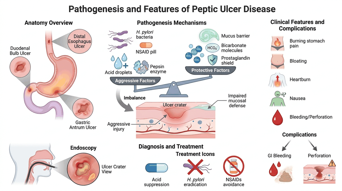 Peptic ulcer disease: anatomy, aggressive vs protective factors, clinical features, complications, and treatment